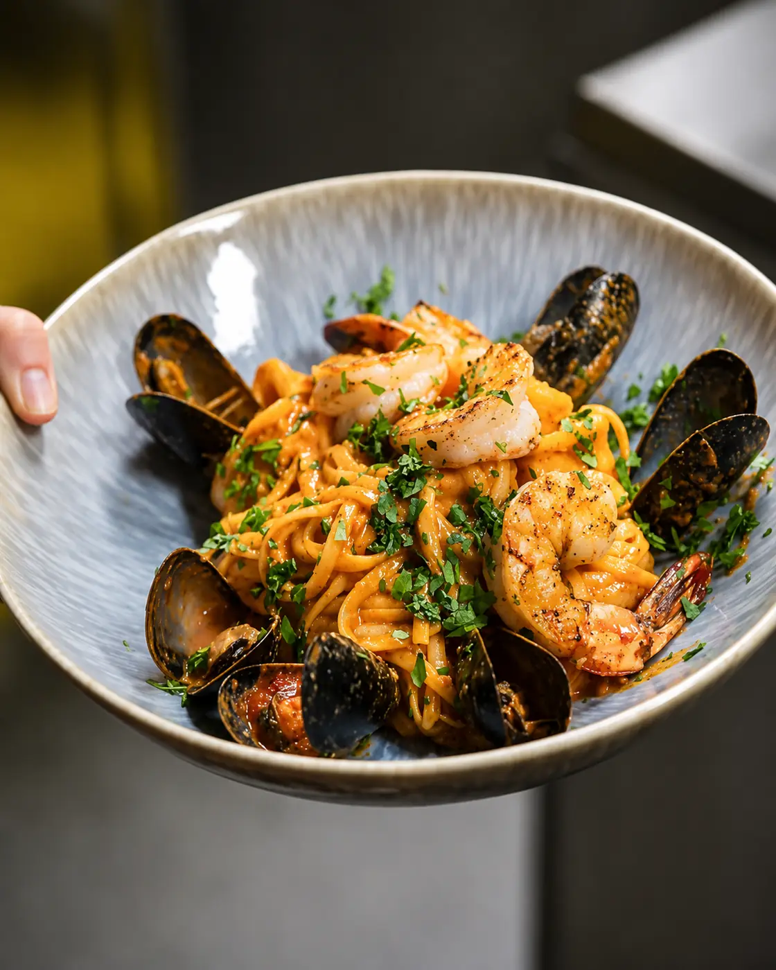 Linguine aux fruits de mer : crevettes grillées, moules et palourdes dans une sauce tomatée