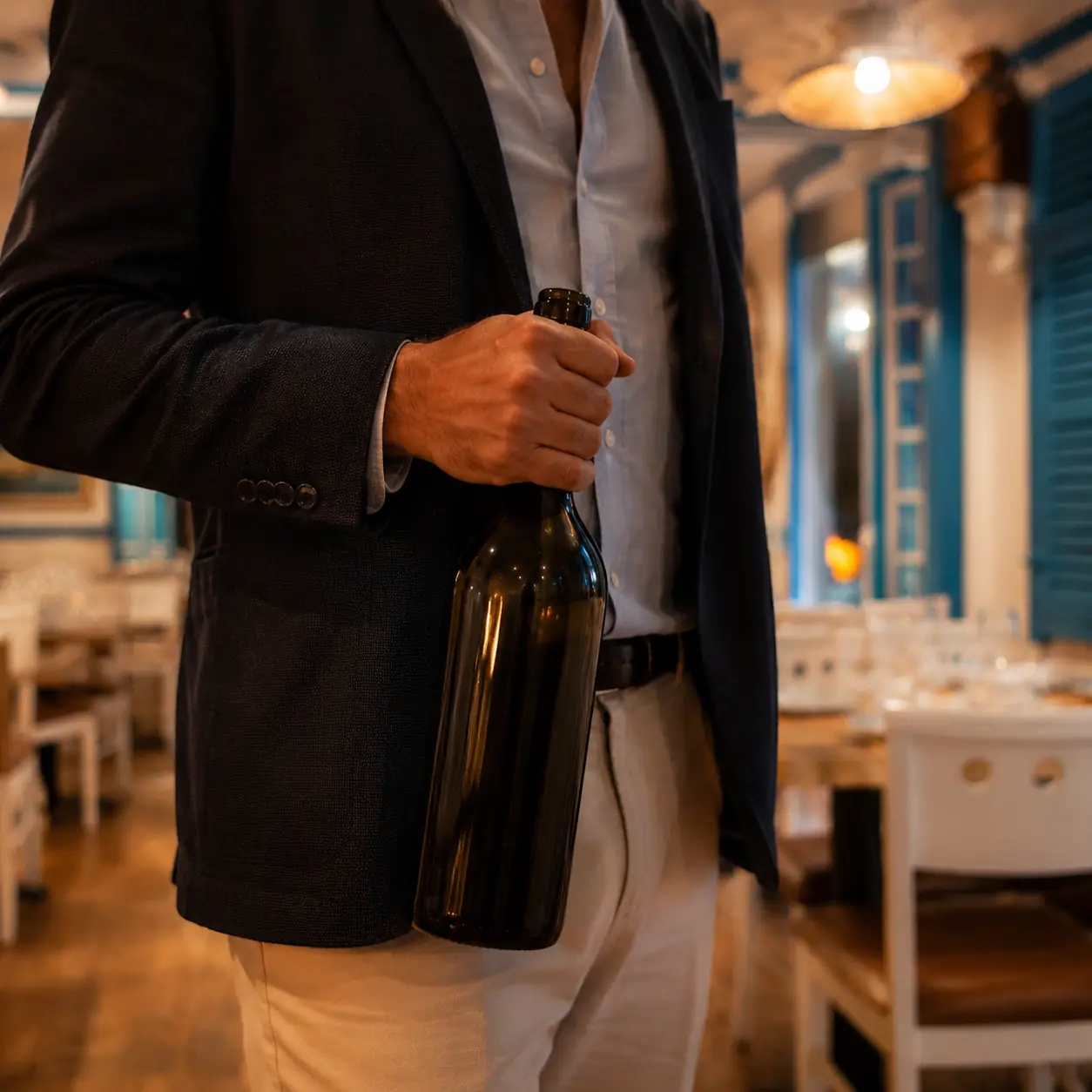 Client tenant une bouteille de vin dans la salle de la taverne Petros.